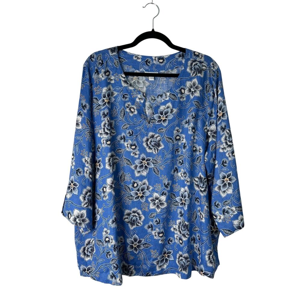 J.Jill Love Linen Relaxed Fit Tunic Top Size XL Blue Floral 3/4 Sleeve Lagenlook